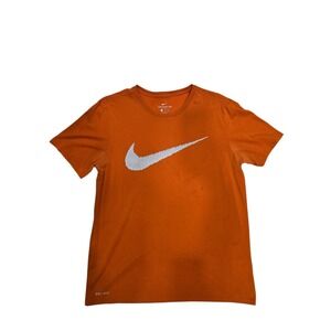 Nike Mens Large Orange Dri-Fit T-Shirt White Swoosh Logo Athletic Cut